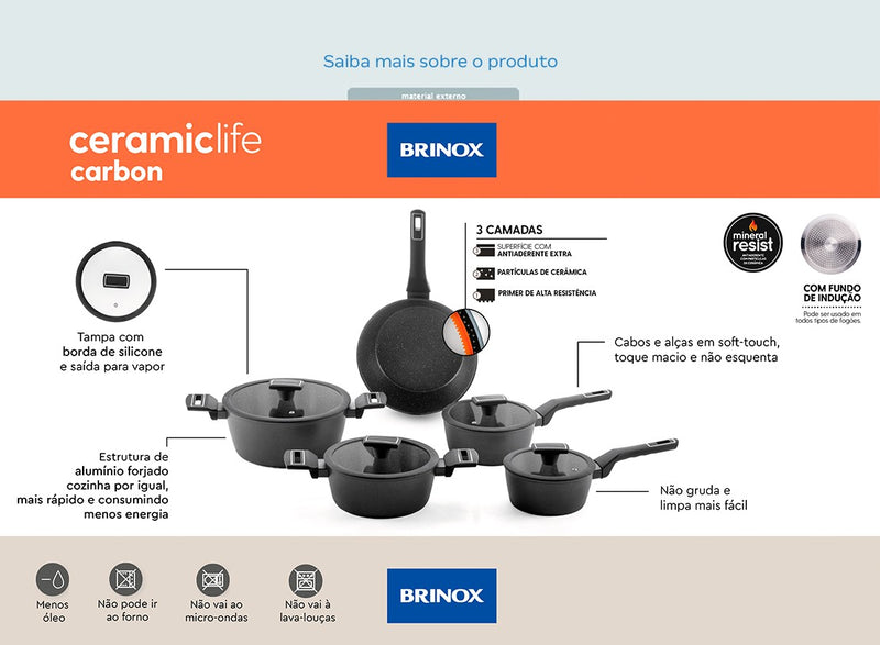 Jogo de Panelas Brinox Revestimento Cerâmico de Alumínio Preto 5 Peças Carbon Ceramic Life